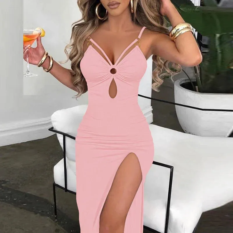 Summer High Split Bodycon Party Dress Sexy Fashion Solid Chain Sling Wrap Elegant Ladies Dress