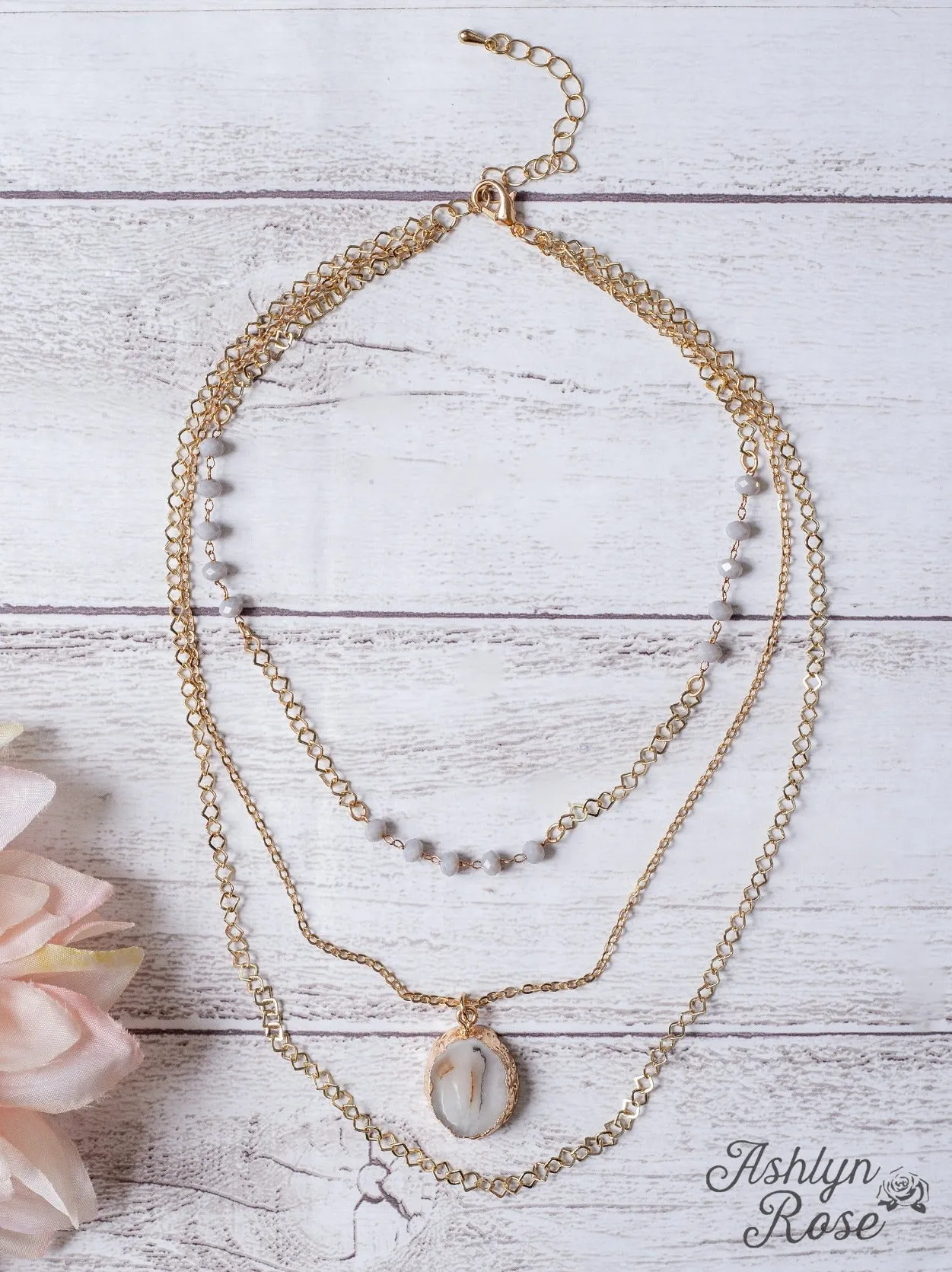 Sweet To Be Loved White Sliced Agate Gold Layered Necklace