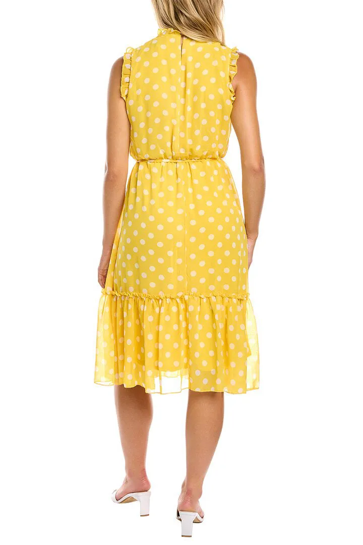 Tahari ASL Crew Neck Sleeveless Ruffle Detail Tie Waist Keyhole Back Polka Dot Print Chiffon Dress