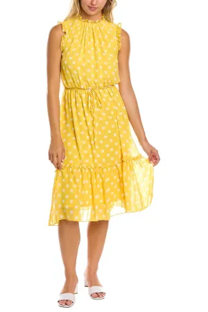 Tahari ASL Crew Neck Sleeveless Ruffle Detail Tie Waist Keyhole Back Polka Dot Print Chiffon Dress