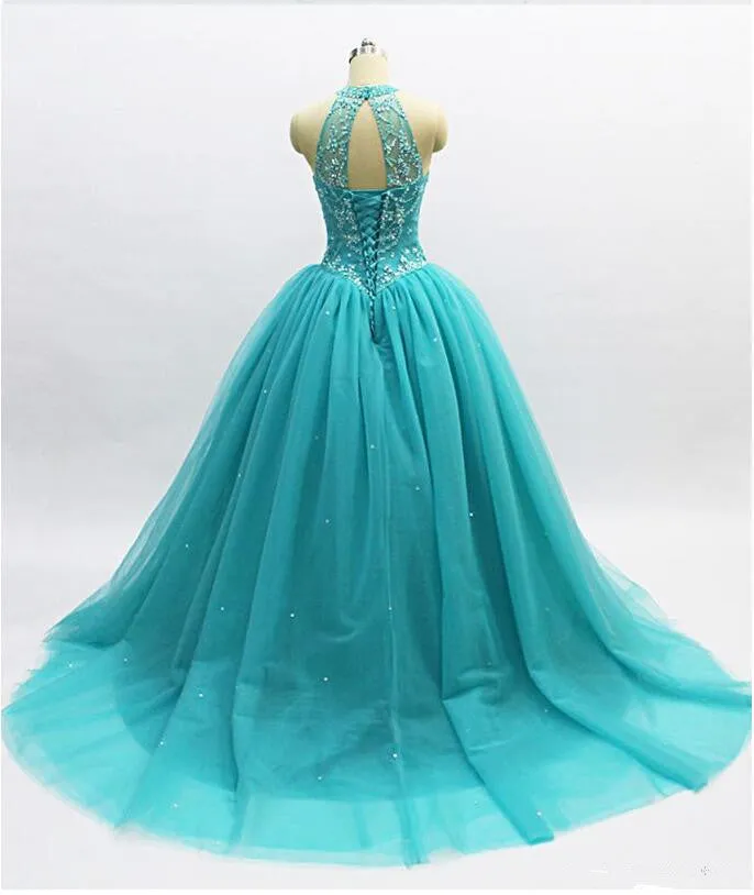 Teal Blue Tulle Beaded Ball Gown High Neckline Sweet 16 Dress, Blue Quinceanera Dresses