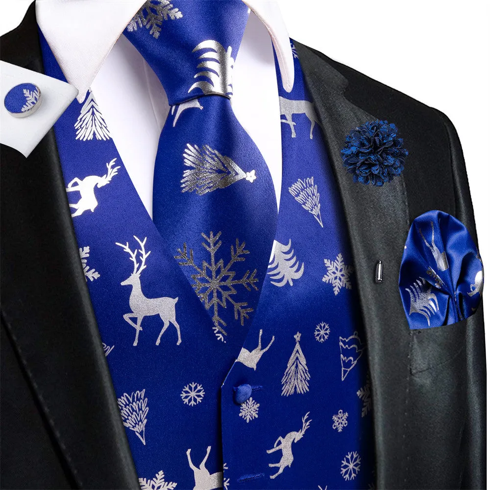 Ties2you Mens Silk Waistcoat Blue Silver Christmas Elements Vest Necktie Set