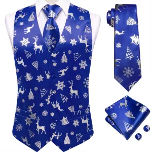 Ties2you Mens Silk Waistcoat Blue Silver Christmas Elements Vest Necktie Set