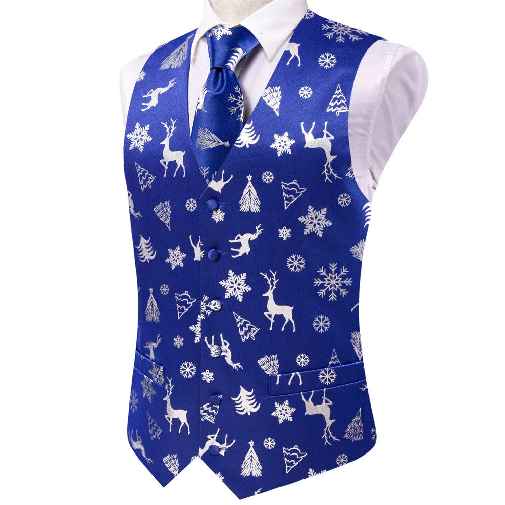 Ties2you Mens Silk Waistcoat Blue Silver Christmas Elements Vest Necktie Set