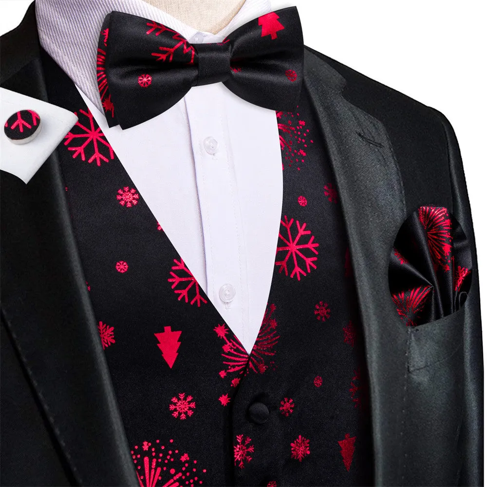 Ties2you Men's Vest Black Red Christmas Elements Silk Vest Necktie Bow Tie Handkerchief Cufflinks Set