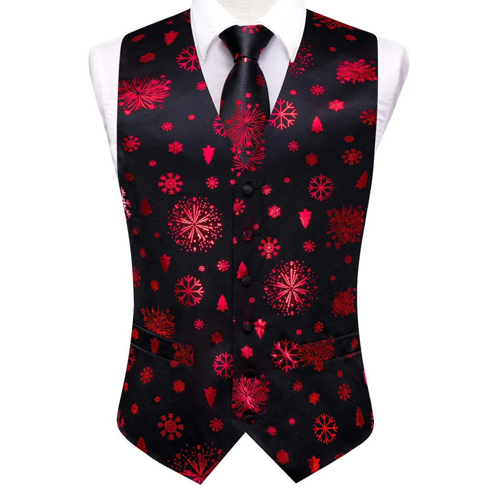 Ties2you Men's Vest Black Red Christmas Elements Silk Vest Necktie Bow Tie Handkerchief Cufflinks Set