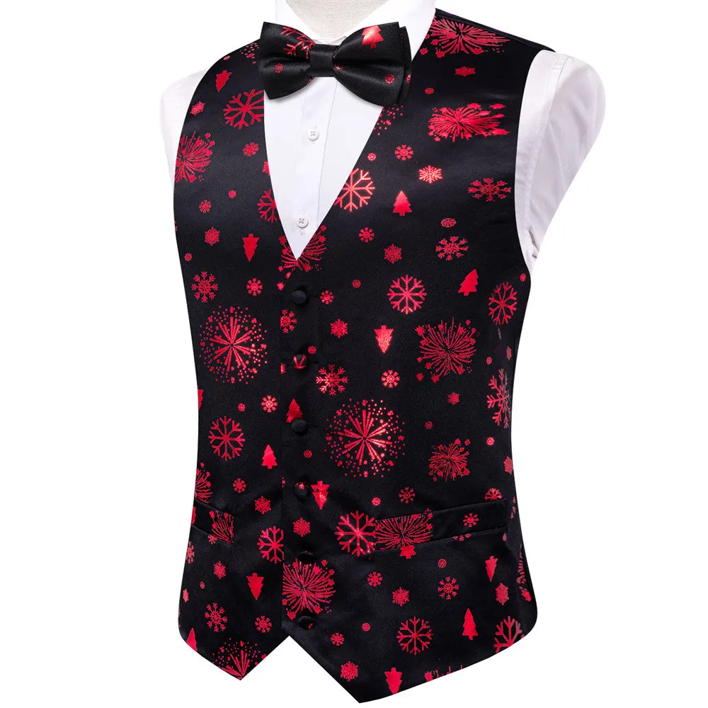 Ties2you Men's Vest Black Red Christmas Elements Silk Vest Necktie Bow Tie Handkerchief Cufflinks Set