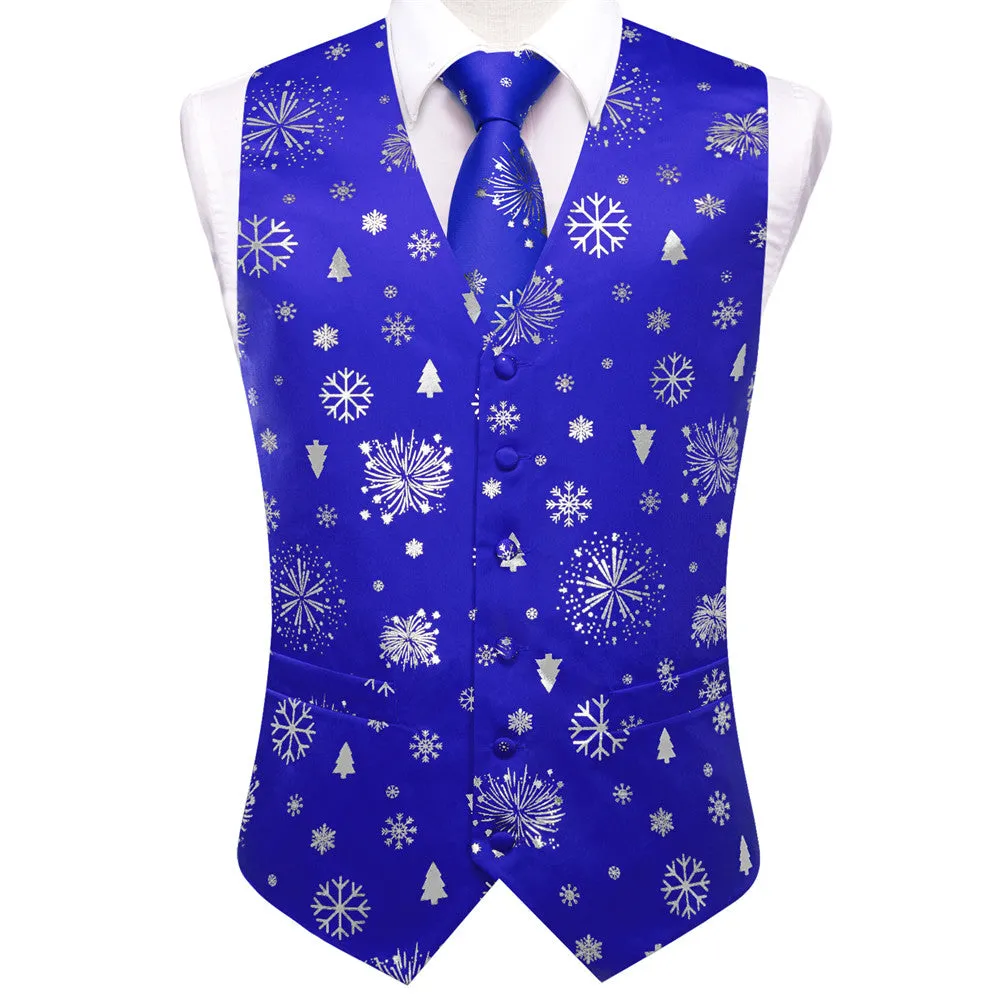 Ties2you Men's Vest Blue Silver Christmas Elements Silk Vest Necktie Bow Tie Handkerchief Cufflinks Set