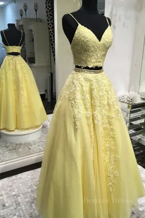 Two Pieces V Neck Yellow Lace Long Prom Dresses 2 Pieces Yellow Formal Dresses Yellow Lace Evening Dresses