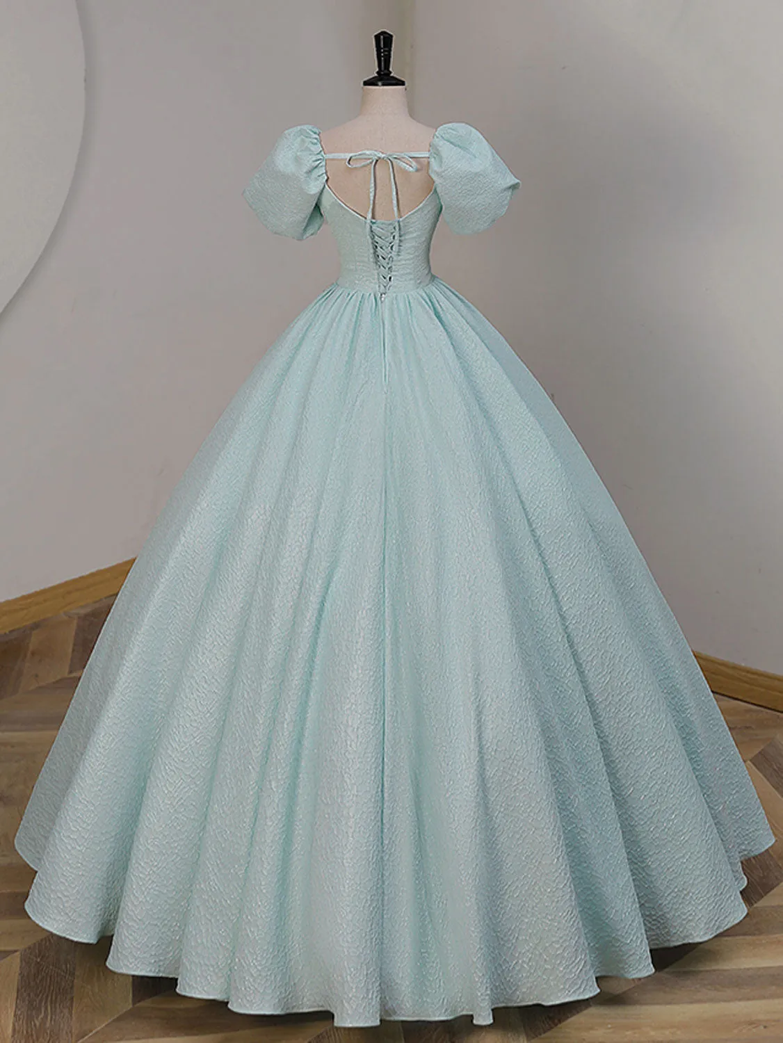 Unique A-LIne Satin Lace Long Prom Dresses, Blue Satin Sweet 16 Dresses