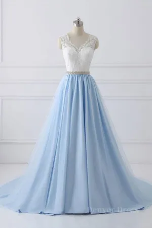 V Neck Light Blue Lace Prom Dresses Light Blue Lace Formal Evening Dresses