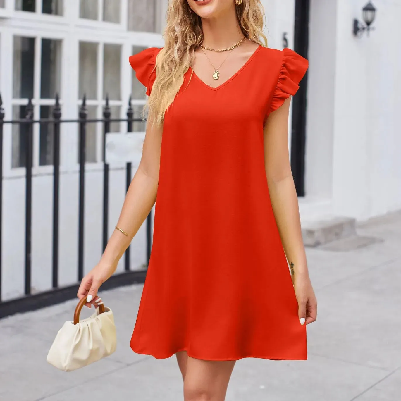 V Neck Long Women Casual Short Sleeve Ladies Summer Beach Sun Travel Pocket Shirt Party Gowns Solid Mini Dress