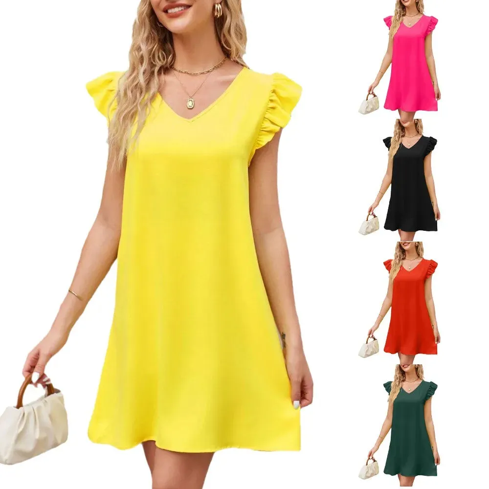 V Neck Long Women Casual Short Sleeve Ladies Summer Beach Sun Travel Pocket Shirt Party Gowns Solid Mini Dress