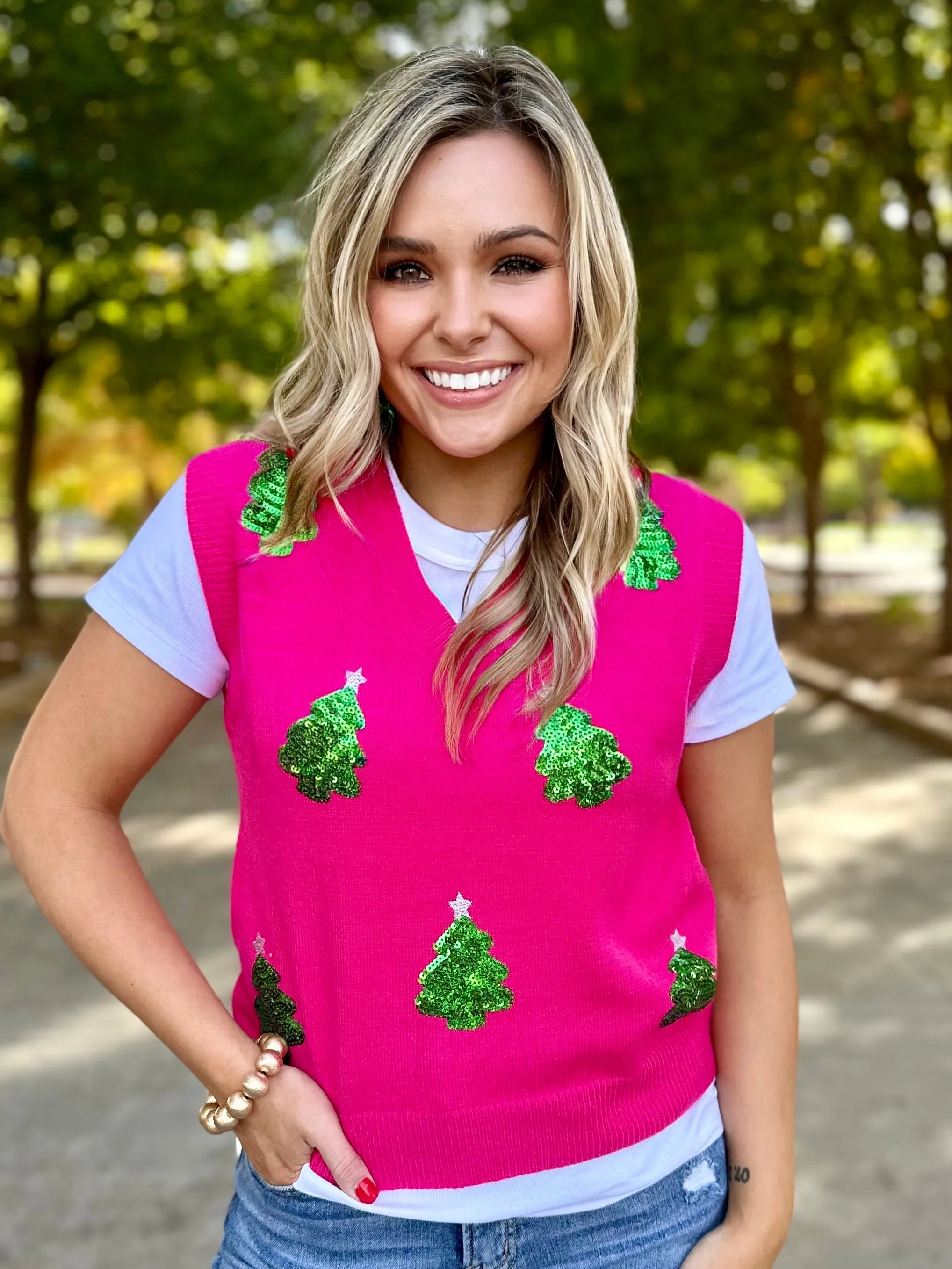 Very Merry Pink Sequin Tree Vest