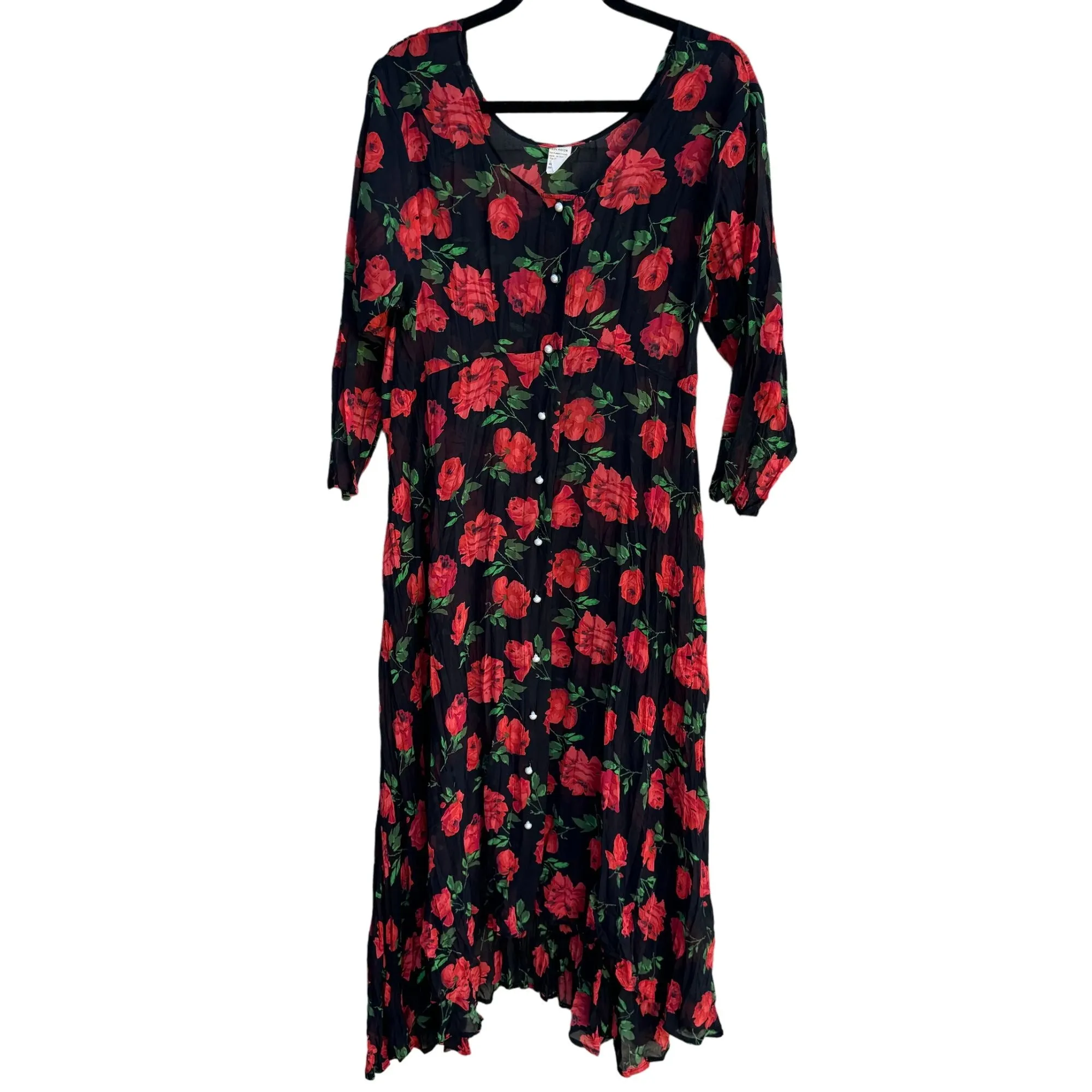 Vintage Womens Floral Crinkle Long Sleeve Button Front Sheer Boho Maxi Dress OS