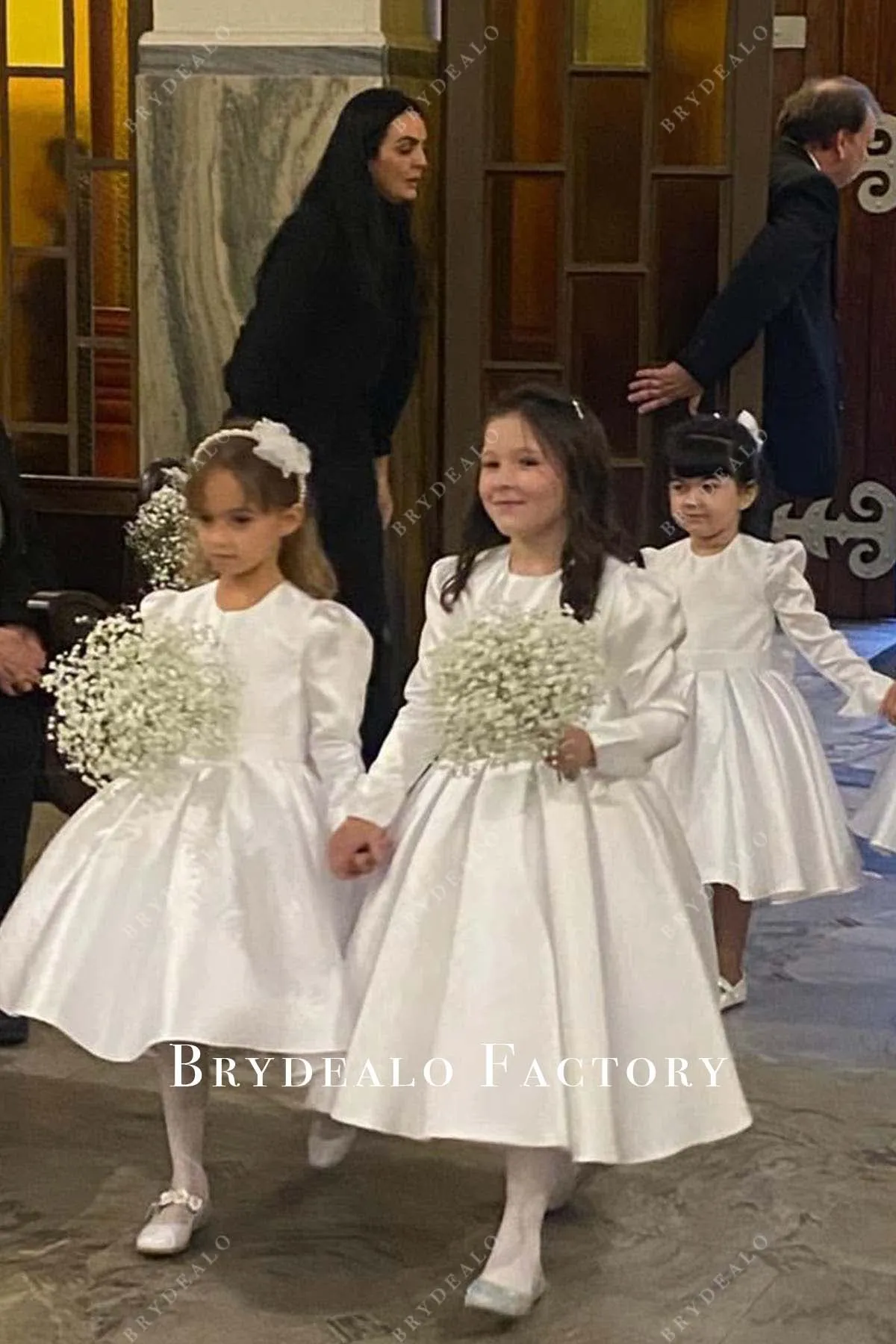 White Satin Long Sleeves Tea-Length Puffy Flower Girl Dress