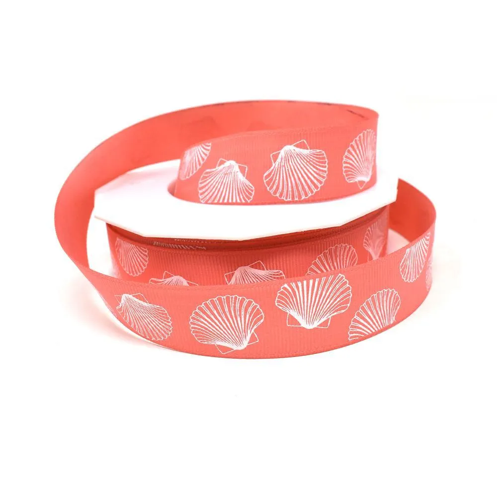 White Seashell Coastal Grosgrain Ribbon, Coral, 7/8-Inch, 20-Yard