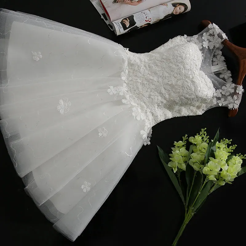 White Tulle Lace Round Neckline Knee Length Graduation Dresses, White Short Prom Dresses Party Dresses