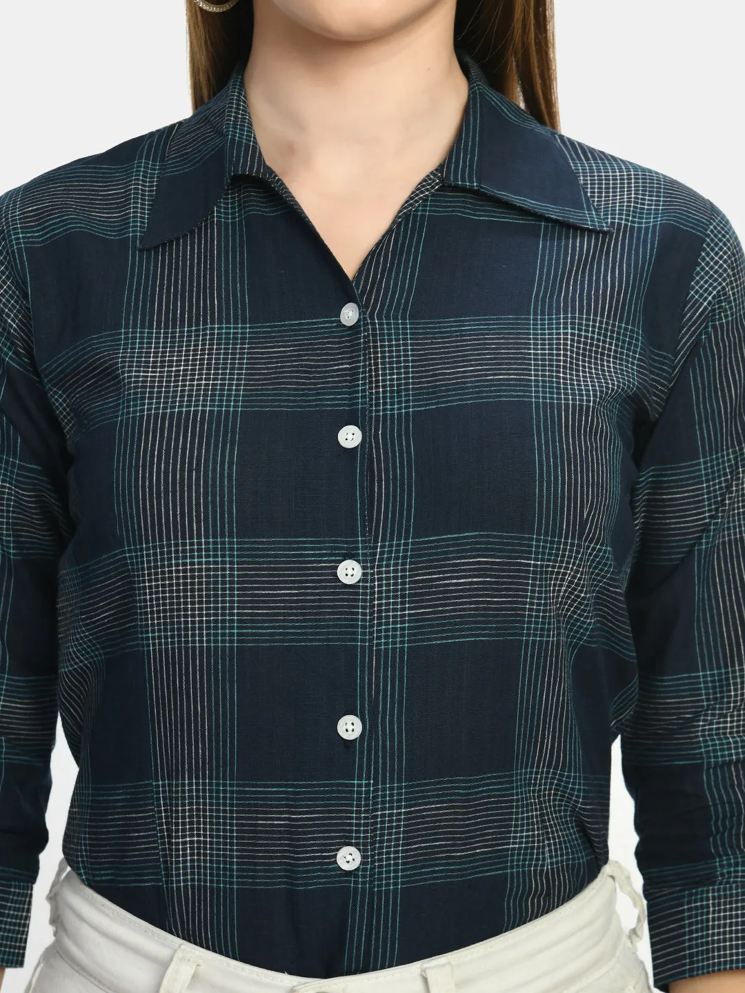 Women Blue Slim Fit Tartan Checked Casual Shirt