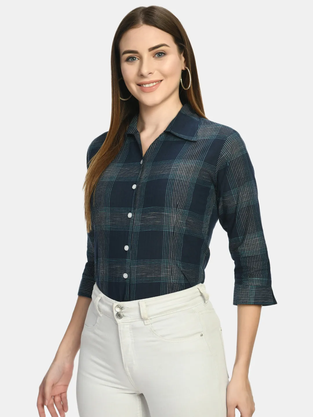 Women Blue Slim Fit Tartan Checked Casual Shirt