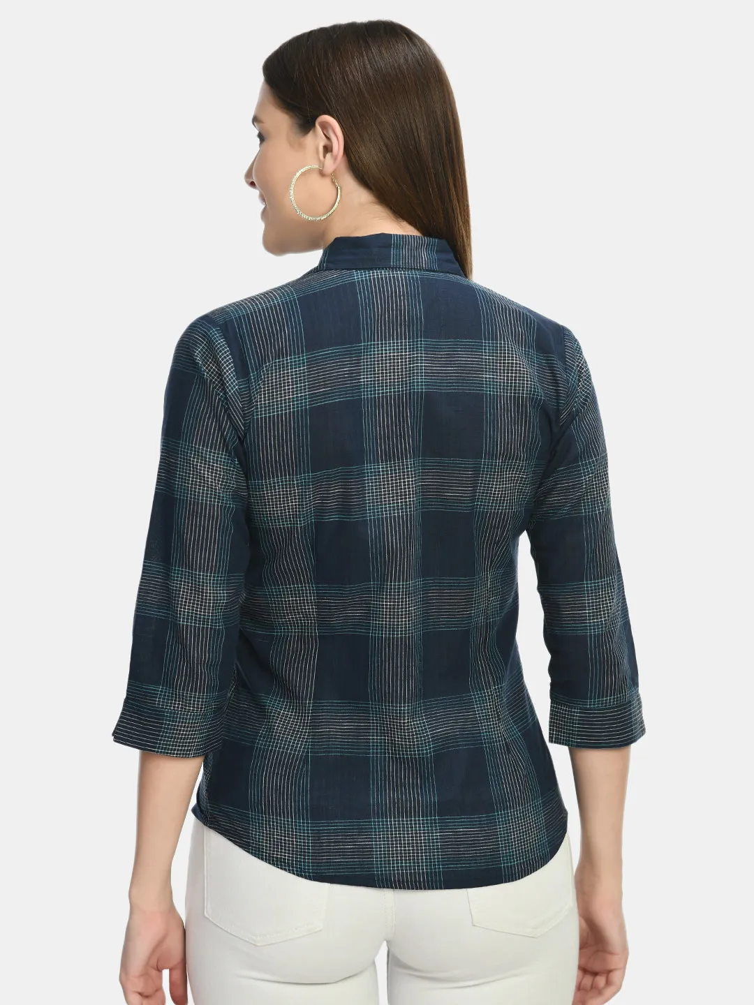 Women Blue Slim Fit Tartan Checked Casual Shirt