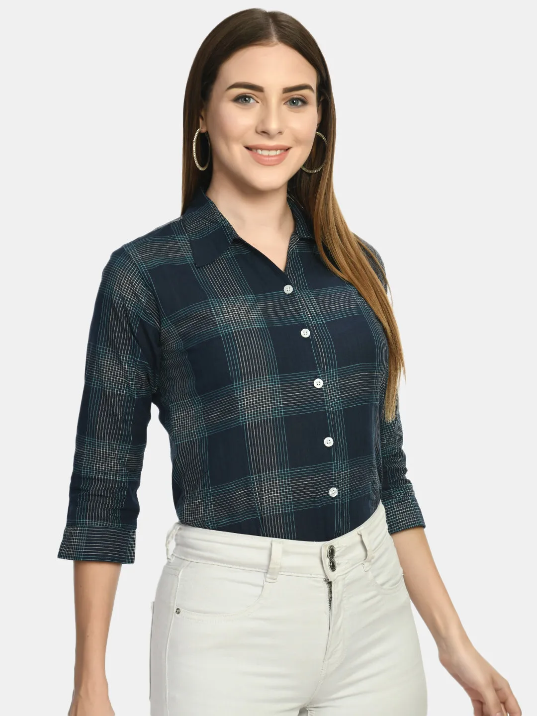 Women Blue Slim Fit Tartan Checked Casual Shirt