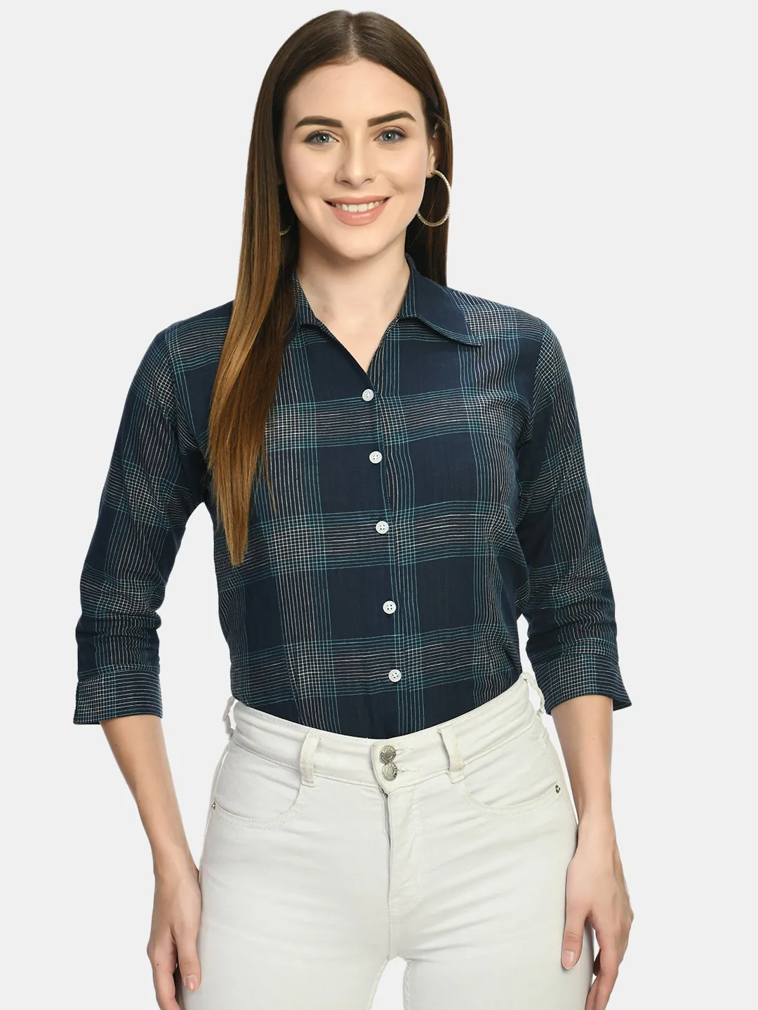 Women Blue Slim Fit Tartan Checked Casual Shirt