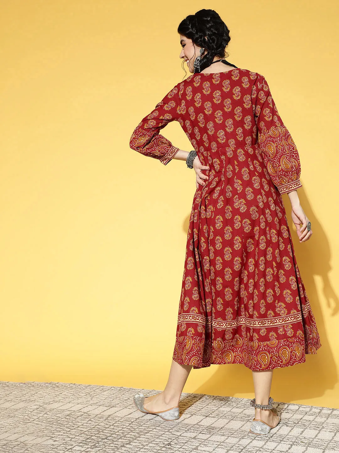 Women Maroon Cotton Ethnic Motifs Print Anarkali Style Maxi Dress