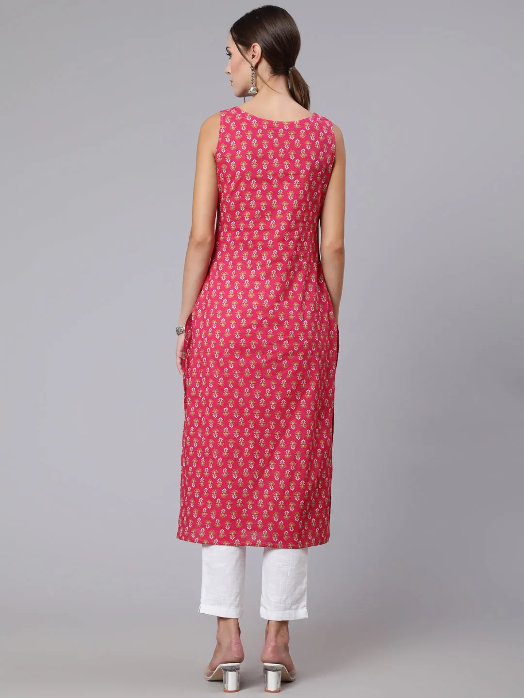 Women Pink Ethnic Printed Straight Sleeveless Kurta