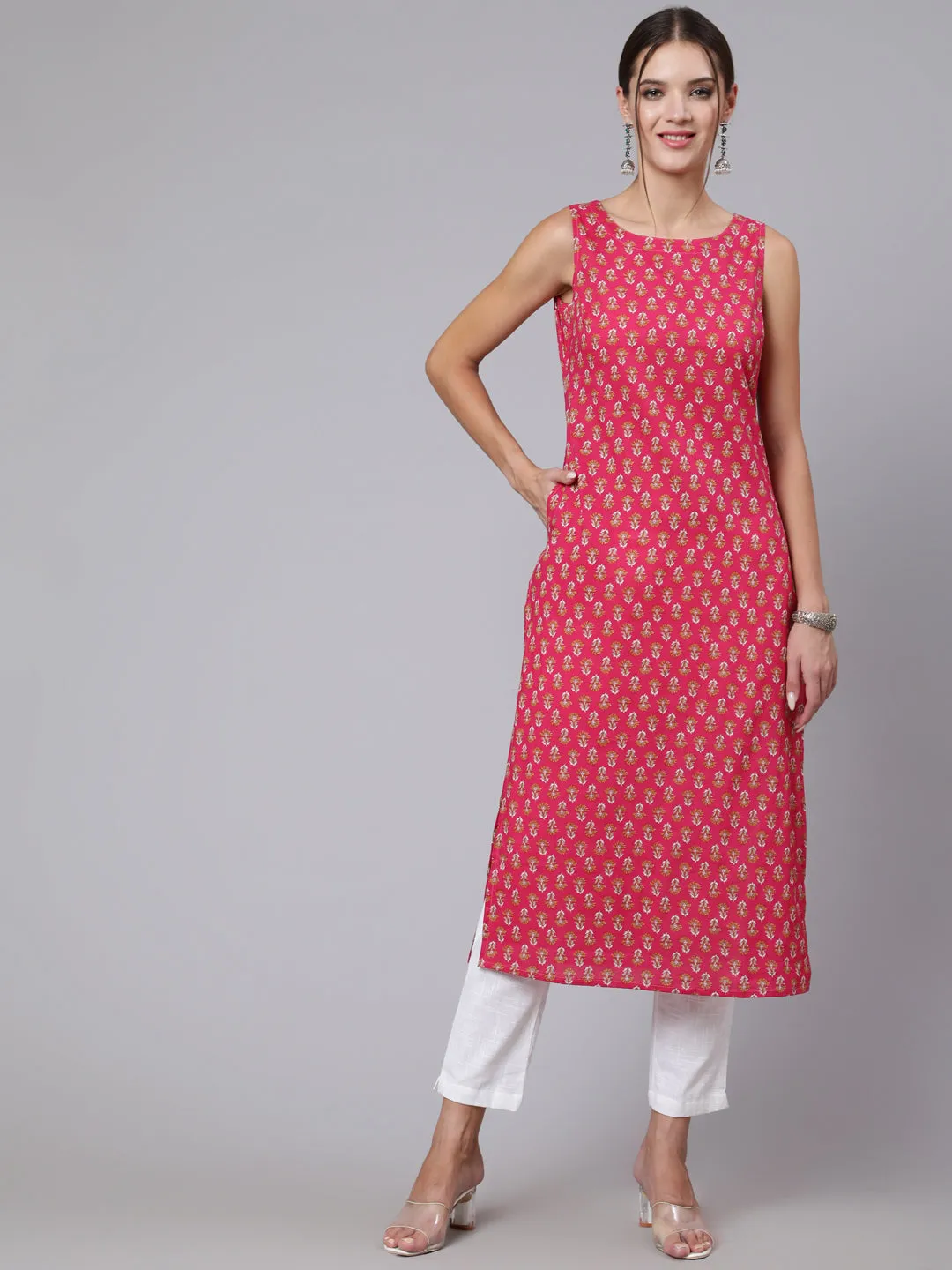 Women Pink Ethnic Printed Straight Sleeveless Kurta