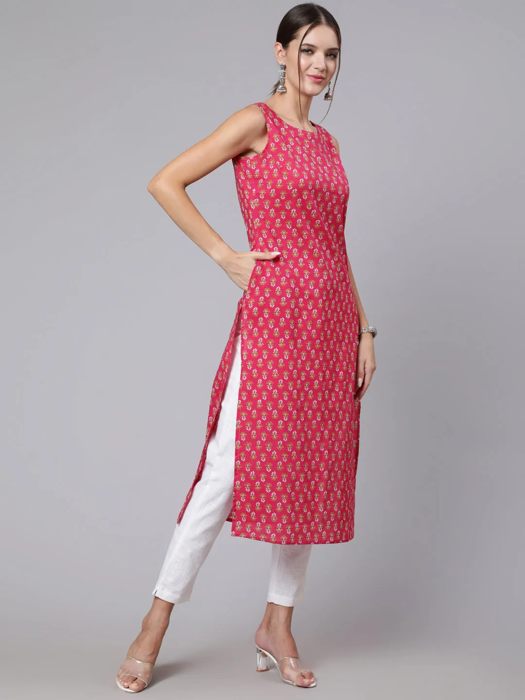 Women Pink Ethnic Printed Straight Sleeveless Kurta