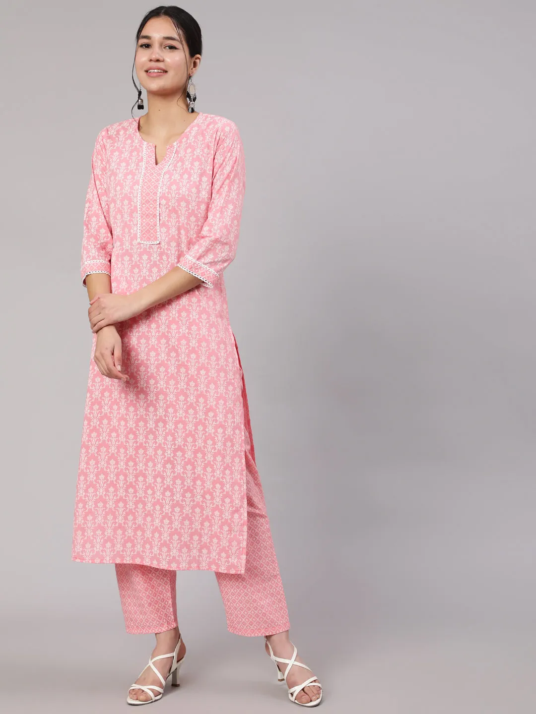 Women Pink Printed Straight Kurta With Trouser