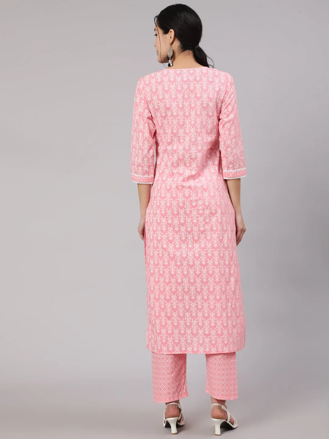 Women Pink Printed Straight Kurta With Trouser