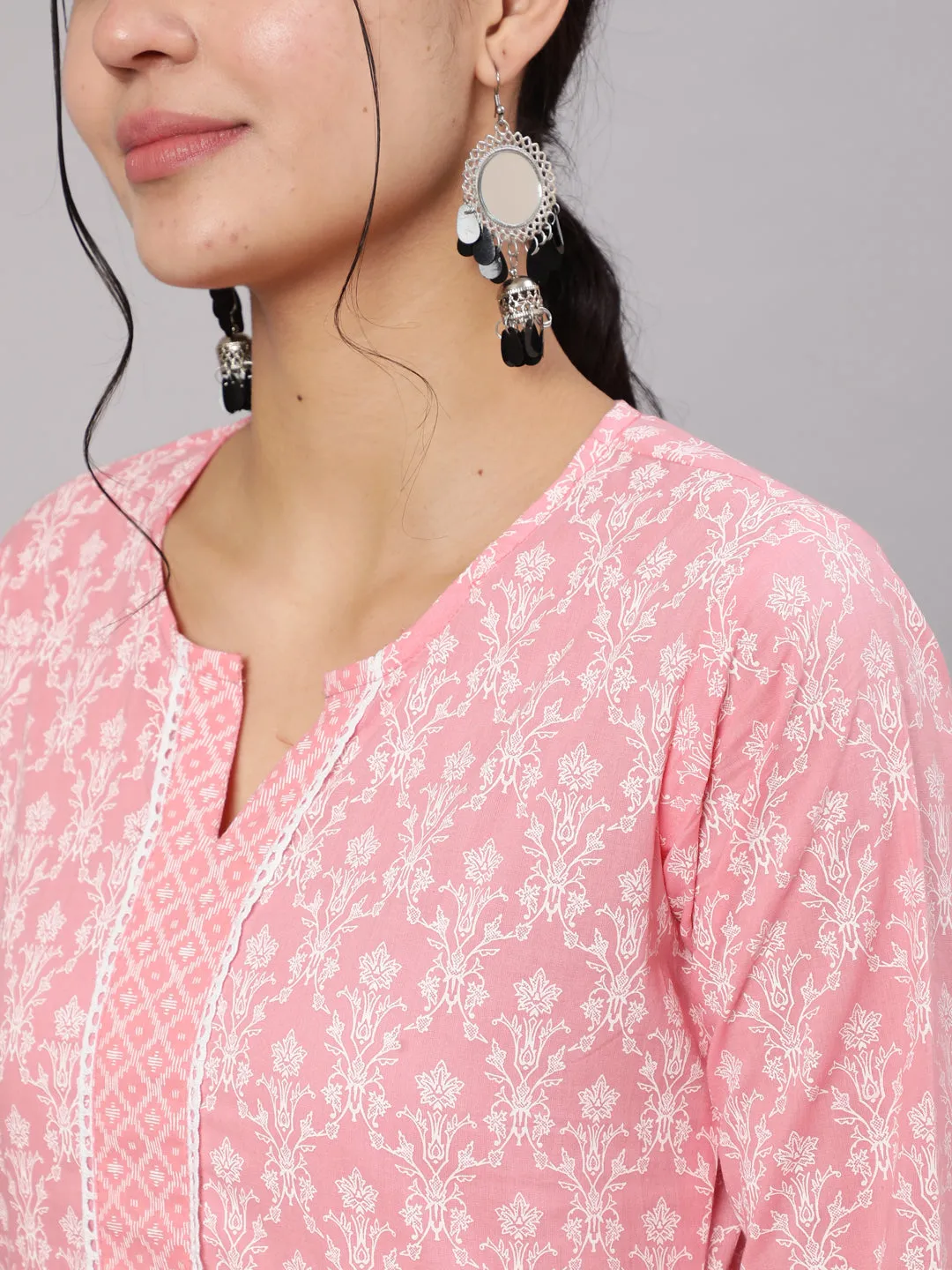 Women Pink Printed Straight Kurta With Trouser