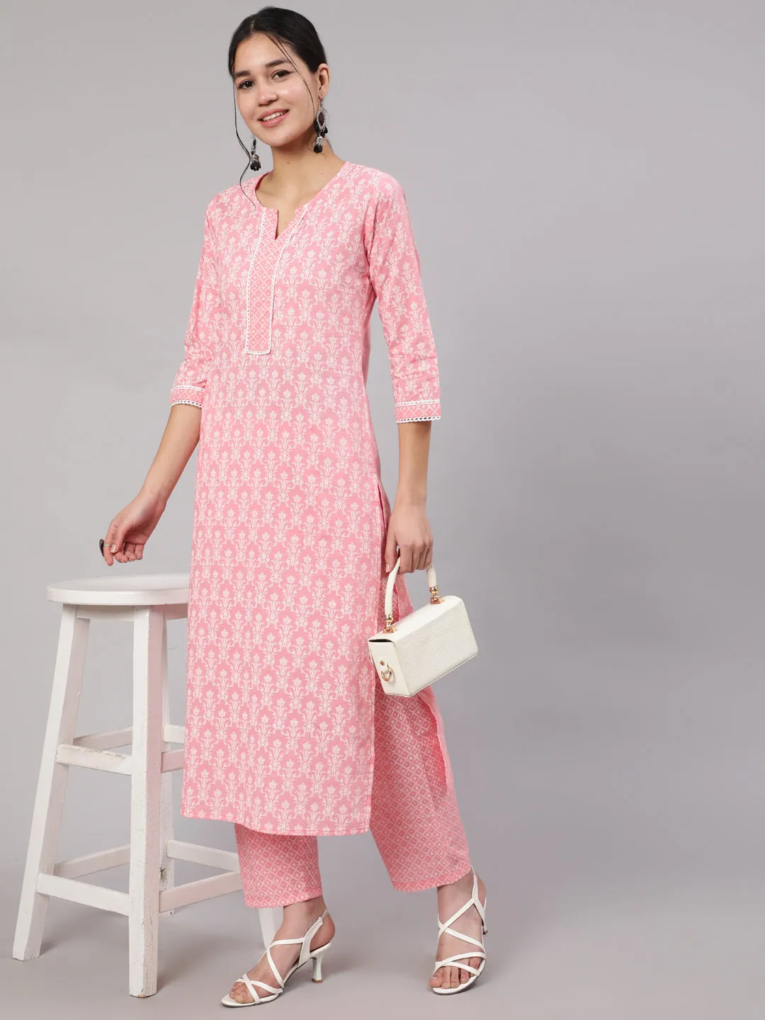 Women Pink Printed Straight Kurta With Trouser