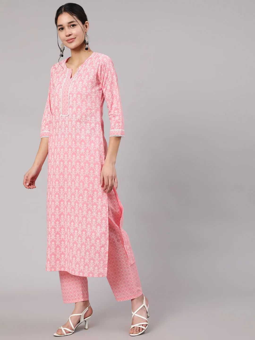 Women Pink Printed Straight Kurta With Trouser