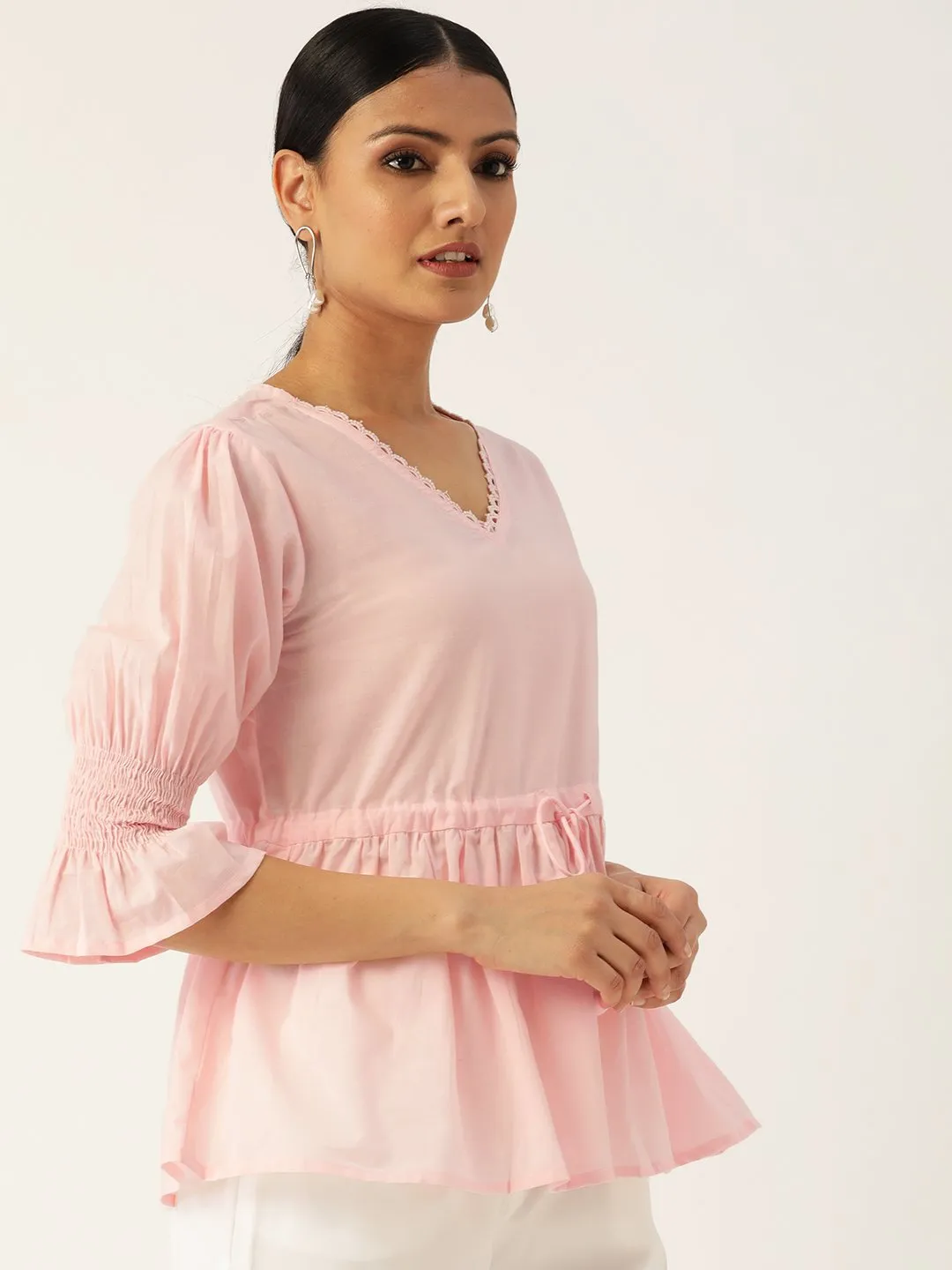 Women Pink Three-Quarter Sleeves Smocking Top