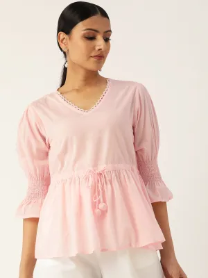 Women Pink Three-Quarter Sleeves Smocking Top