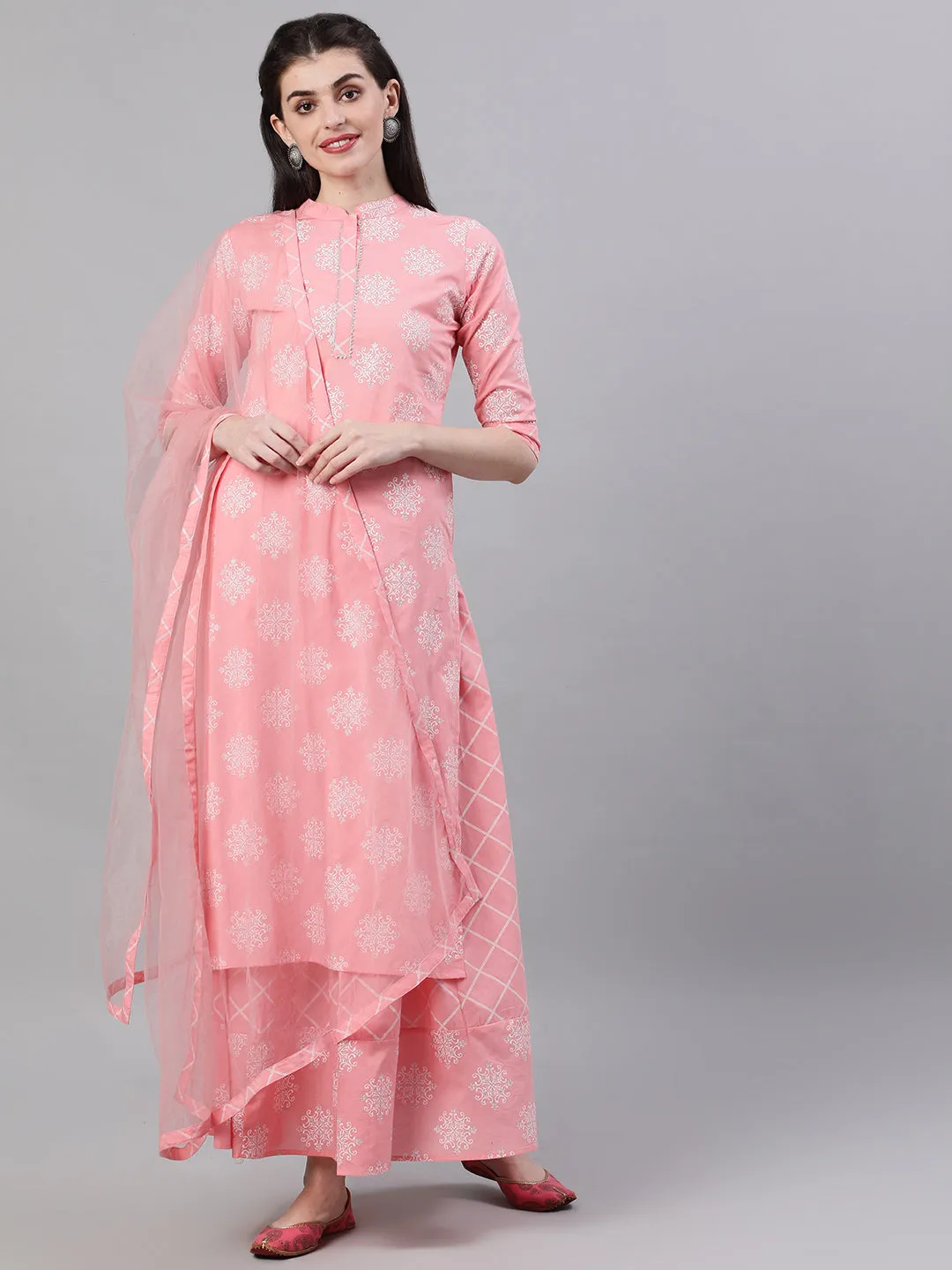 Women Pink Three-Quarter Sleeves Straight Kurta Skirt Set With Dupatta