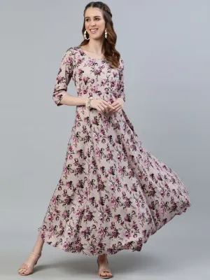 Women Purple Floral Printed Maxi Dress With Three Quarter Sleeves