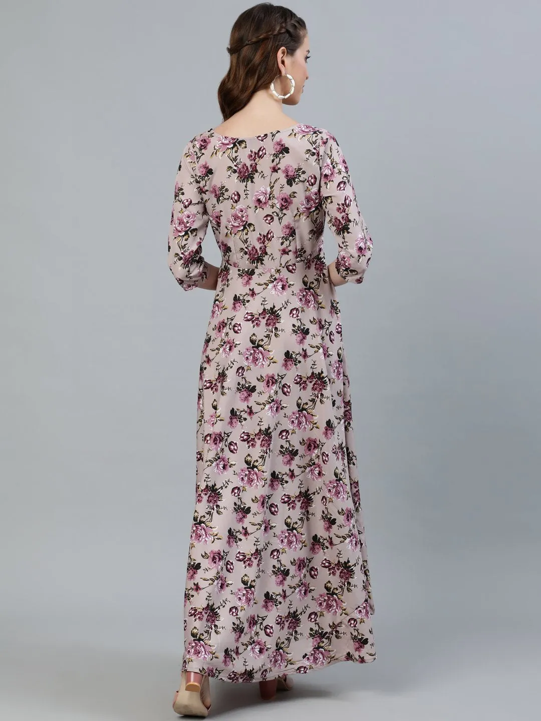 Women Purple Floral Printed Maxi Dress With Three Quarter Sleeves