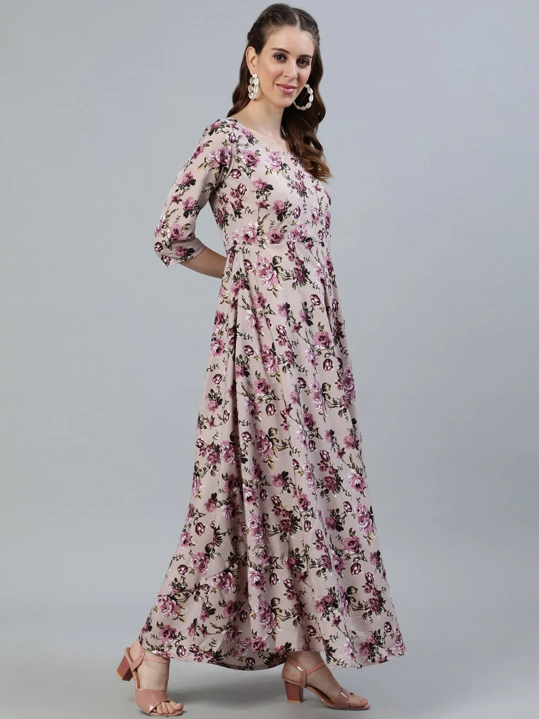 Women Purple Floral Printed Maxi Dress With Three Quarter Sleeves