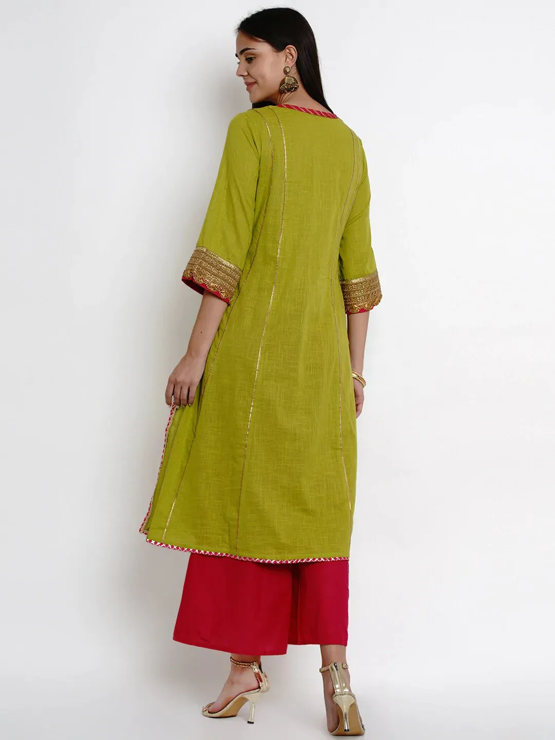 Women'S Green & Pink Yoke Design Kurta With Palazzos