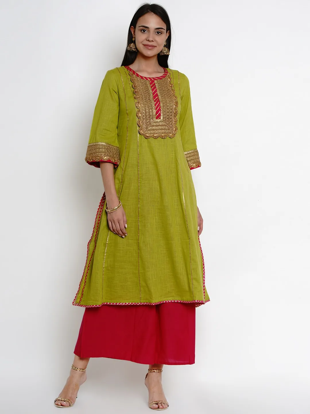 Women'S Green & Pink Yoke Design Kurta With Palazzos