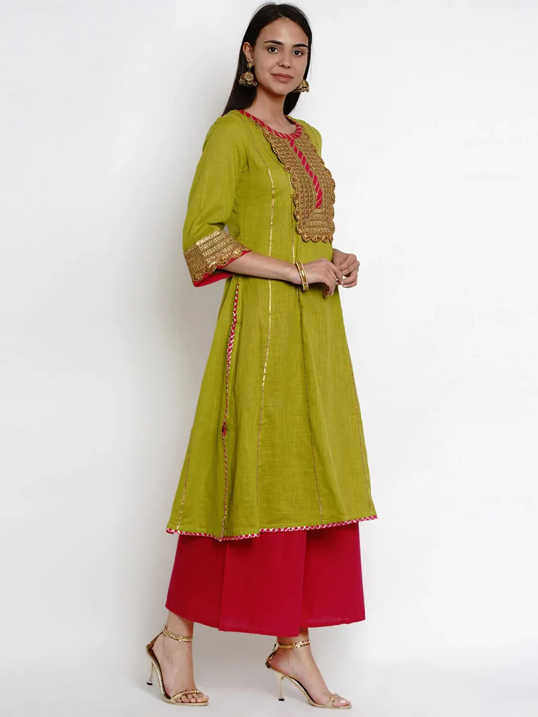 Women'S Green & Pink Yoke Design Kurta With Palazzos