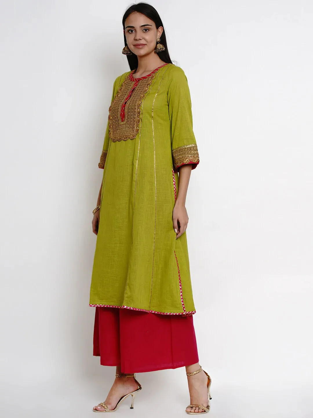 Women'S Green & Pink Yoke Design Kurta With Palazzos