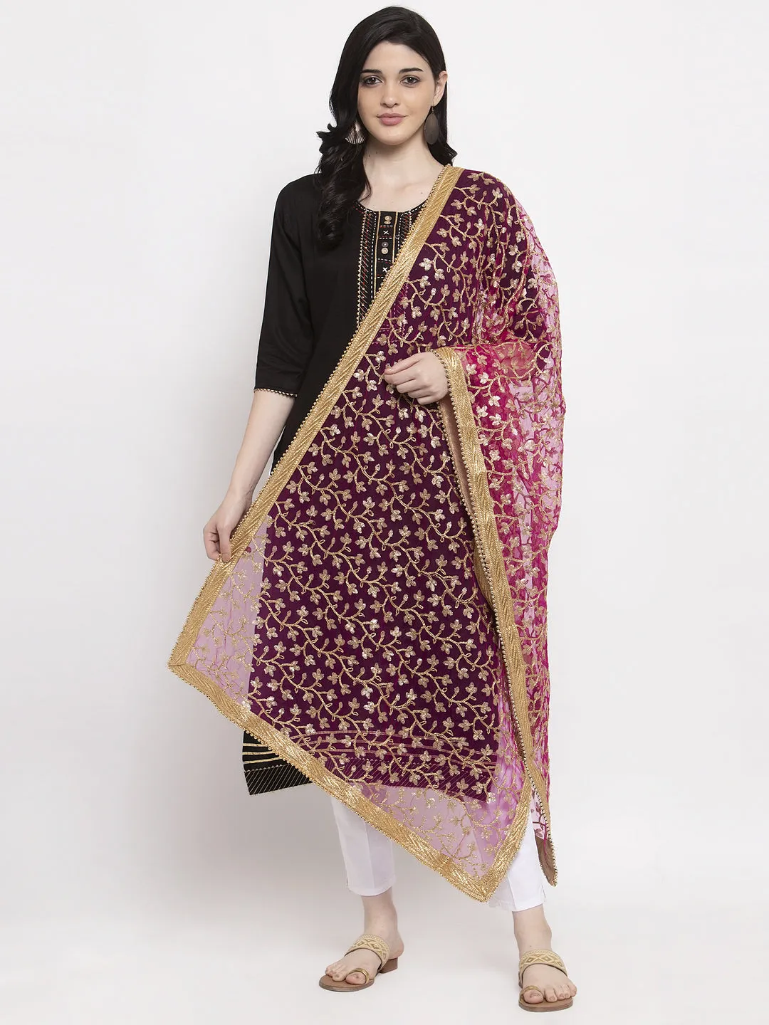 Women'S Magenta Embellished Net Dupatta