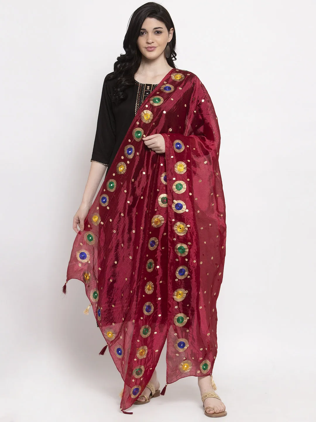 Women'S Maroon Printed Silk Dupatta