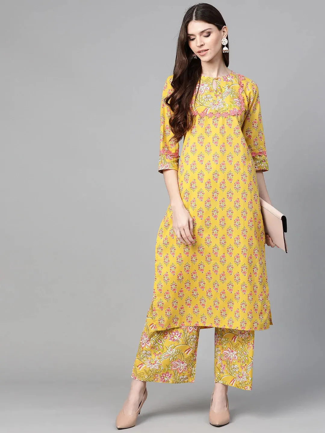 Women'S Mustard Yellow & Coral Pink Floral Print Kurta With Palazzos