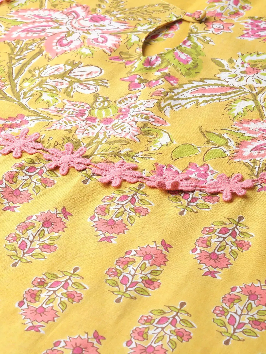 Women'S Mustard Yellow & Coral Pink Floral Print Kurta With Palazzos